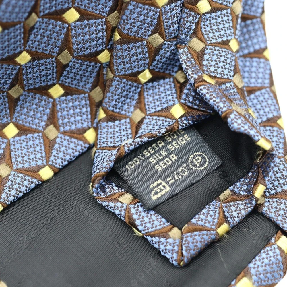Ermenegildo Zegna Silk Tie Blue‎ Brown Yellow Geometric Diamond Pattern Italy